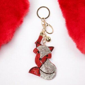 Red Fox Tassel Bling Faux Suede Stuffed Pillow Key Chain Handbag Charm